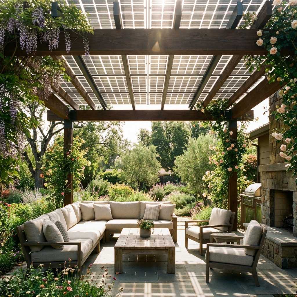 Pérgola fotovoltaica residencial junto a una vivienda